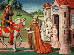 The Frankish king Charlemagne was a devout Catholic who maintained a close relationship with the papacy throughout his life. In 772, when Pope Adrian I was threatened by invaders, the king rushed to Rome to provide assistance. Shown here, the pope asks Charlemagne for help at a meeting near Rome.